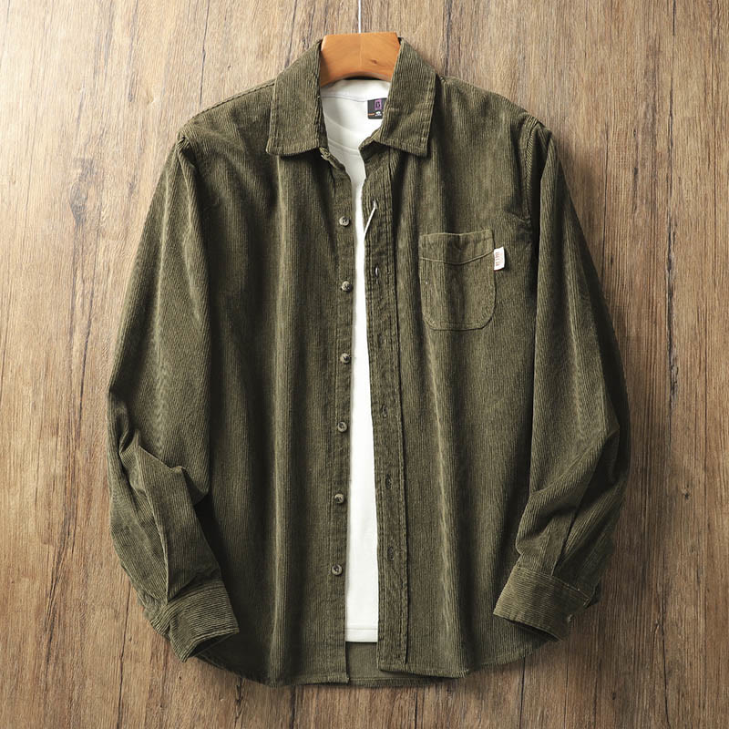 Buddha Stones Lapel Corduroy Solid Color Men's Long Sleeve Cotton Thickened Jacket With Pockets
