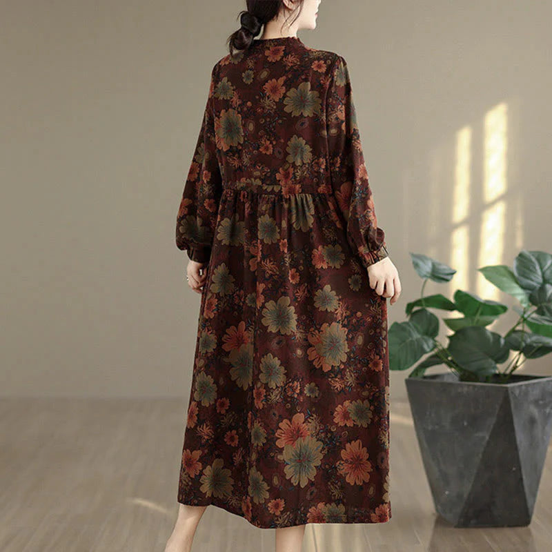 Buddha Stones Flower Pattern Long Sleeve Cotton Midi Dress With Pockets