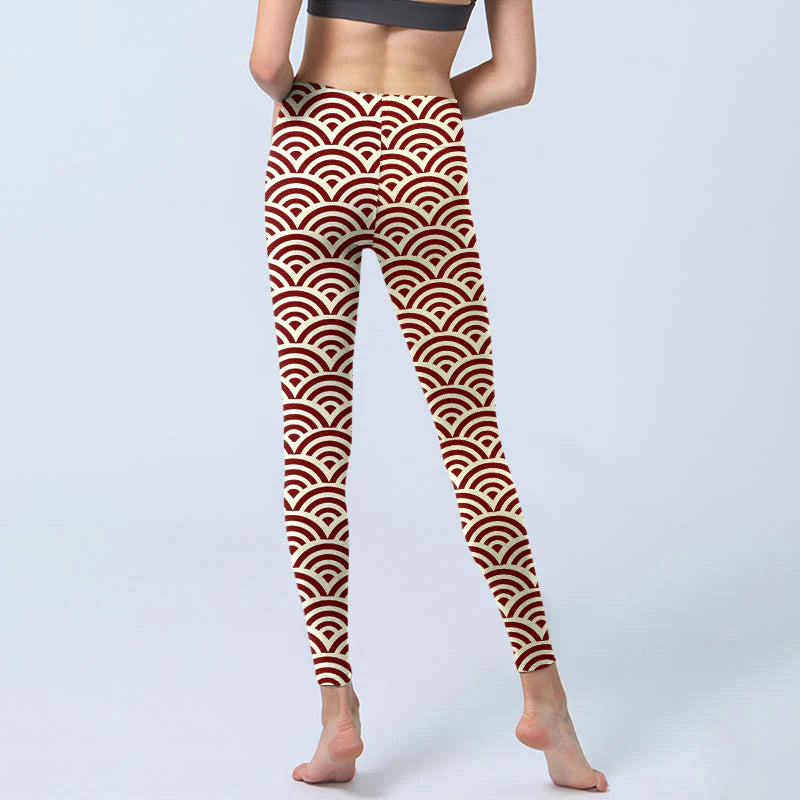 Buddha Stones Red Beige Fan Shapes Print Gym Leggings Women's Yoga Pants