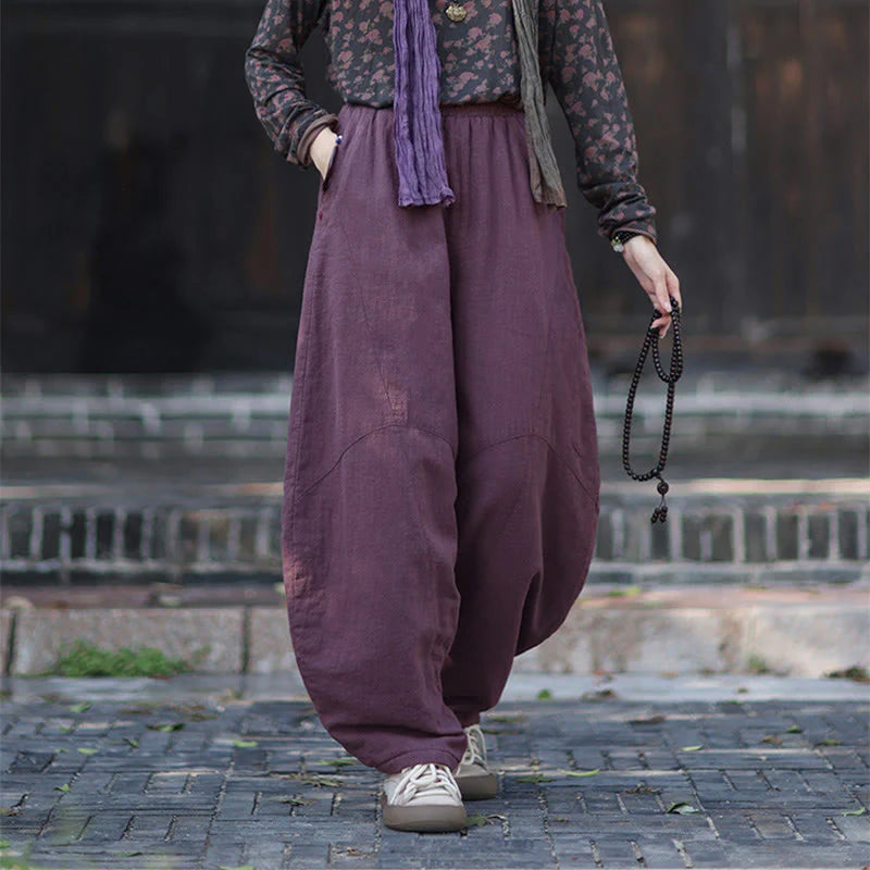 Buddha Stones Winter Elastic Waist Ramie Cotton Thermal Women's Pants With Pockets