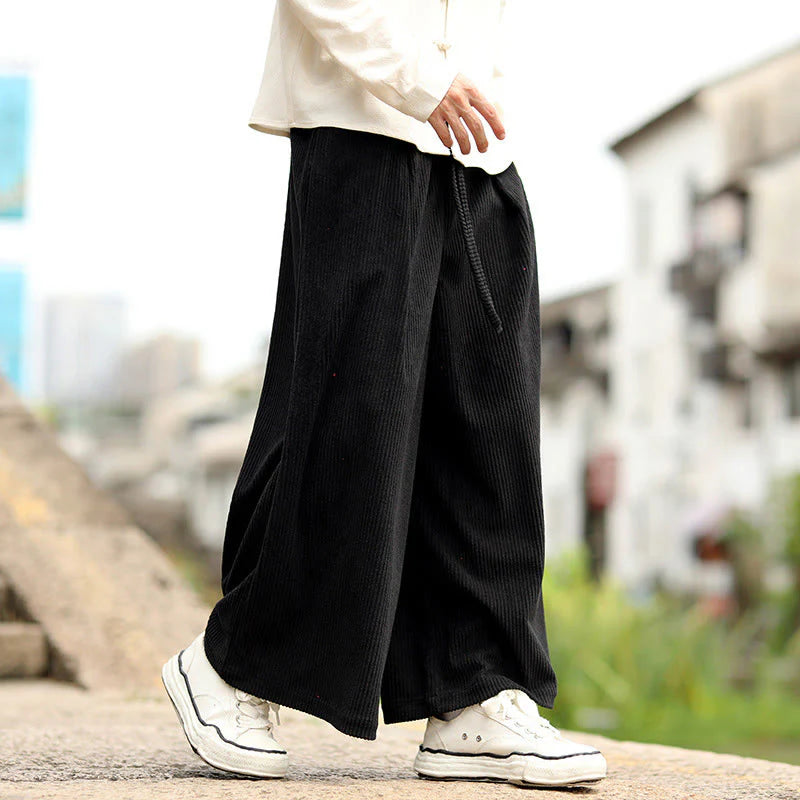 Buddha Stones Fall Solid Color Drawstring Design Men's Corduroy Wide Leg Pants With Pockets
