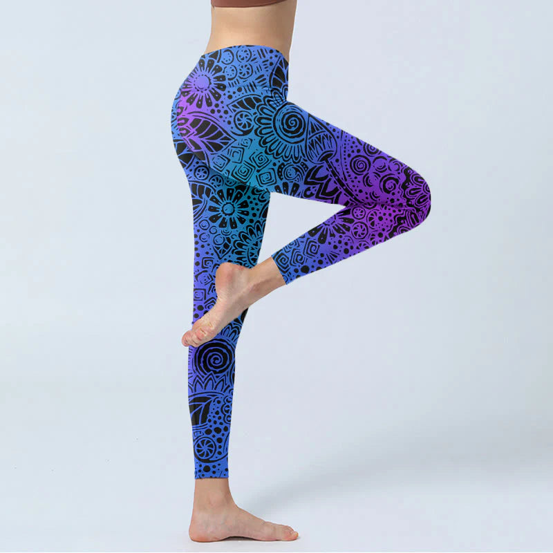 Buddha Stones Flowers And Leaves Pattern Print Gym Leggings Women's Yoga Pants