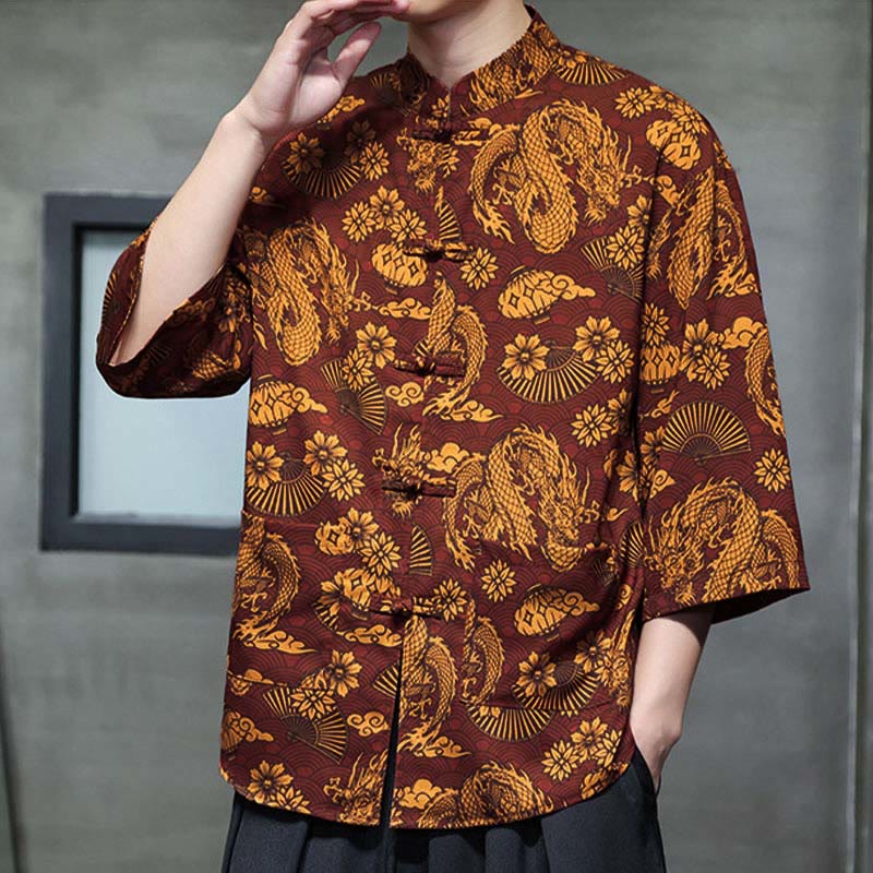 Buddha Stones Spring Frog-Button Dragon Mountain Flower Three Quarter Sleeve Tang Suit Men's Shirt With Pockets