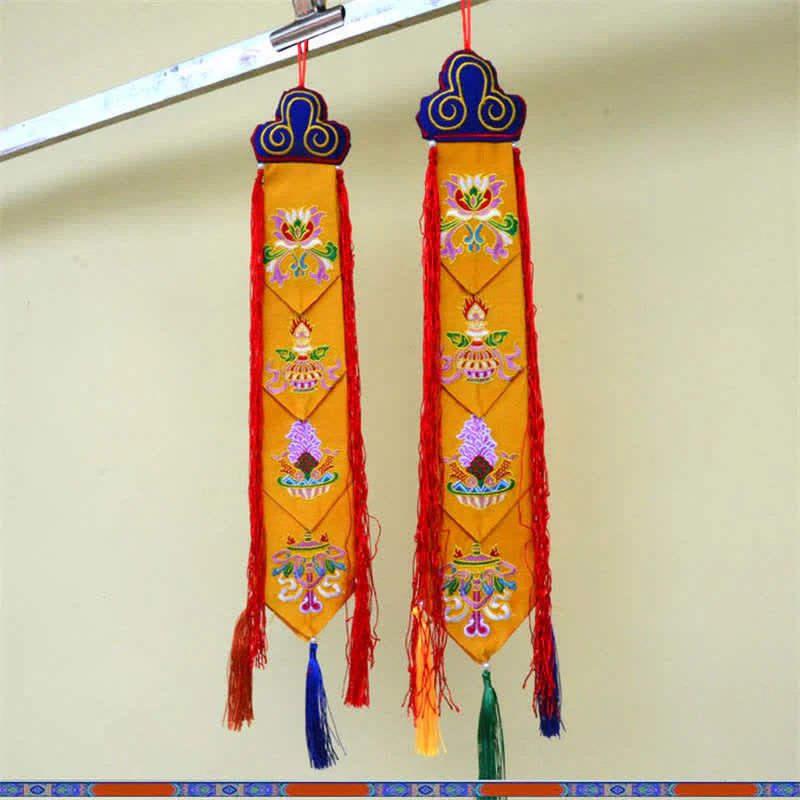 Buddha Stones Lotus Flower Eight Auspicious Symbols Meditation Enlightenment Colorful Tassels Wall Art