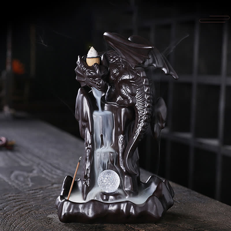 Buddha Stones Nordic Dragon Ceramic Backflow Smoke Fountain Meditation Healing Incense Burner Led Ball Decoration