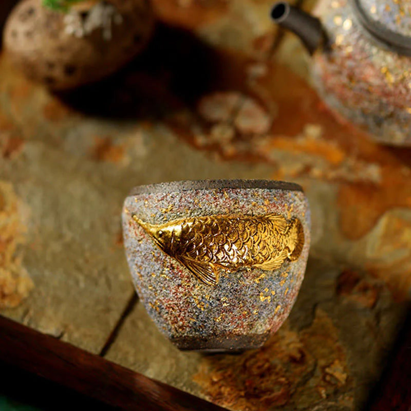 Buddha Stones Golden Arowana Koi Fish Ceramic Teacup Kung Fu Tea Cup