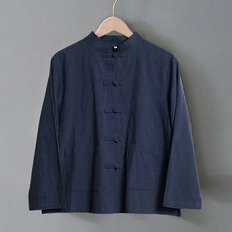 Buddha Stones Ethnic Frog-Button Long Sleeve Stand Collar Women's Cotton Shirt With Pockets