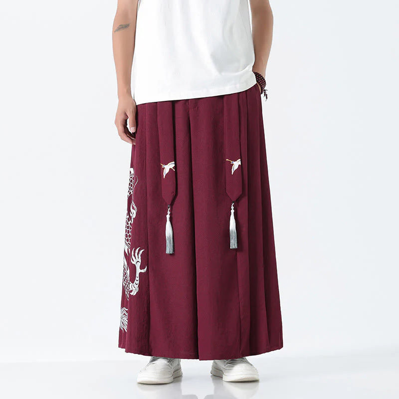 Buddha Stones Summer Dragon Drawstring Design Cotton Ankle-Length Men's Wide Leg Pants With Pockets
