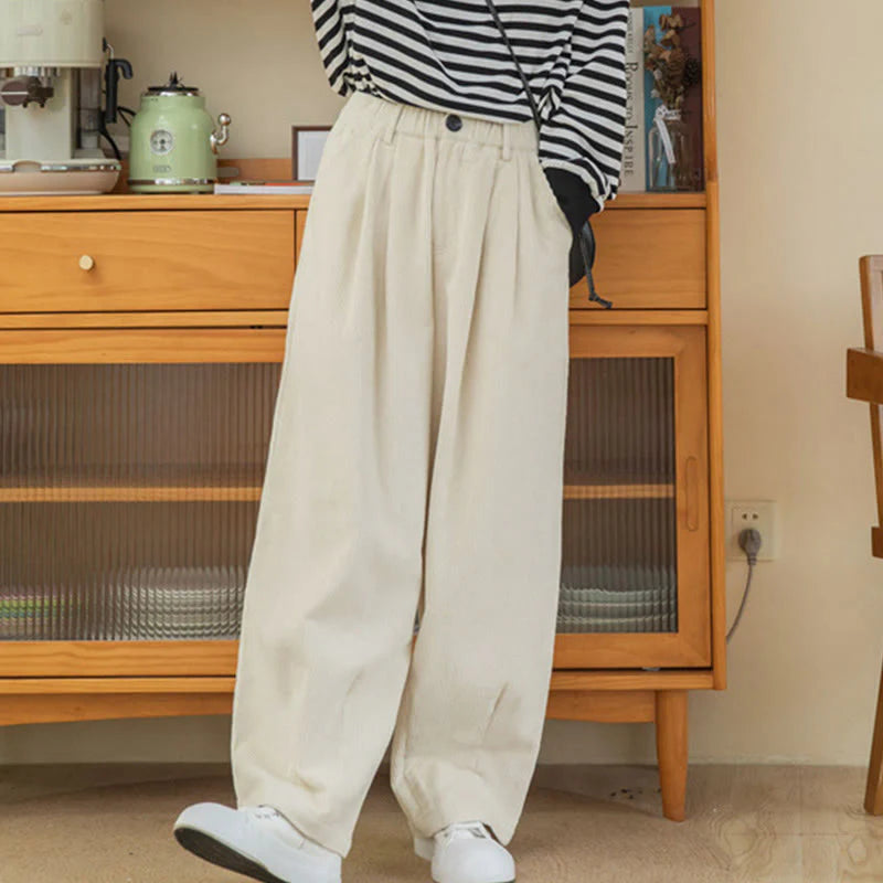 Buddha Stones Women's High Waist Zipper Design Wide Leg Cotton Corduroy Pants With Pockets