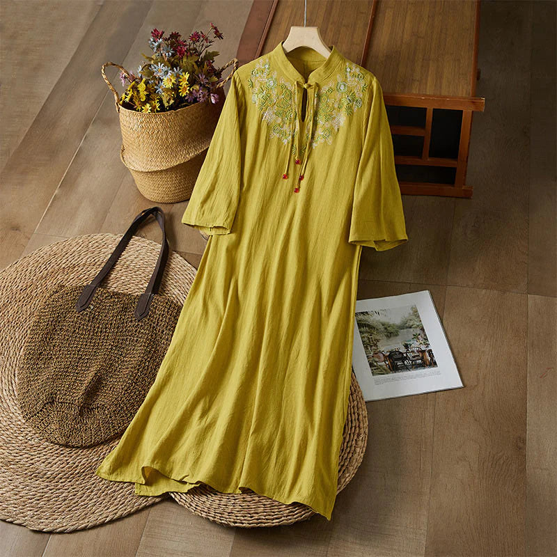 Buddha Stones Vintage Embroidery Frog-button Half Sleeve High Waist Cotton Linen Women's Midi Dress