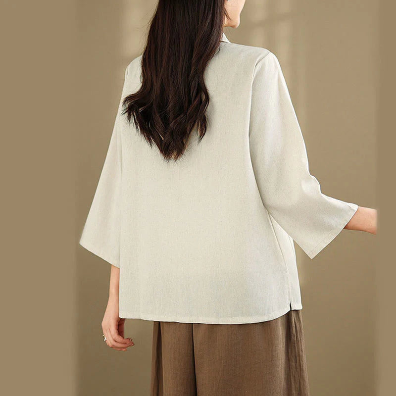 Buddha Stones Commute Embroidery Floral Pattern Three Quarter Sleeve Women's Cotton Shirt With Pockets