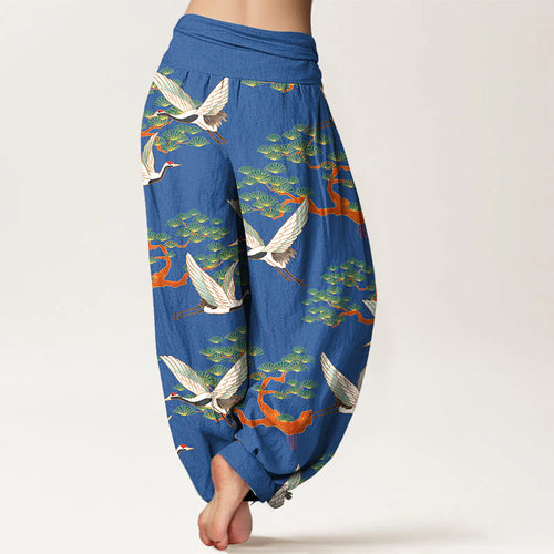 Buddha Stones Print Pine Tree Crane Pattern Pure Cotton Women's Elastic Waist Harem Pants