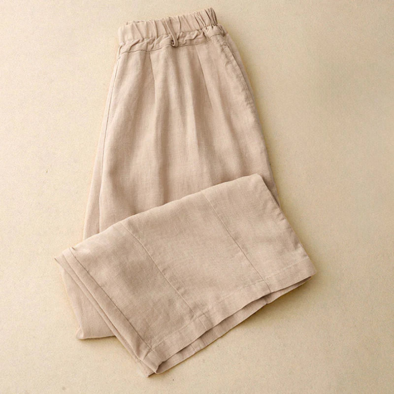 Buddha Stones Solid Color Cotton Women's Wide Leg Pants With Pockets