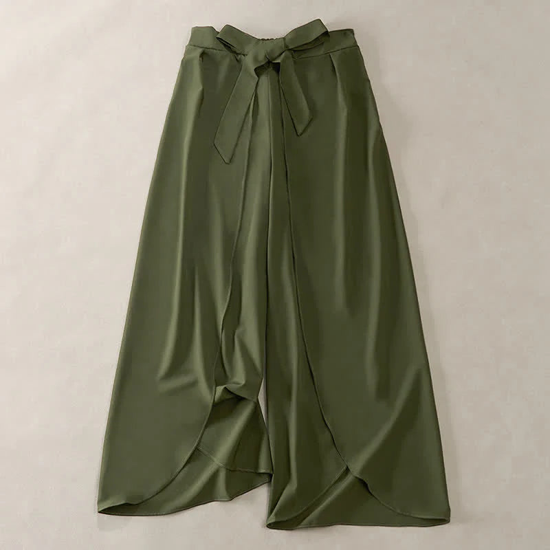 Buddha Stones Elegant Plain Side-Slit Drawstring Bow Design High Waist Women's Wide Leg Pants