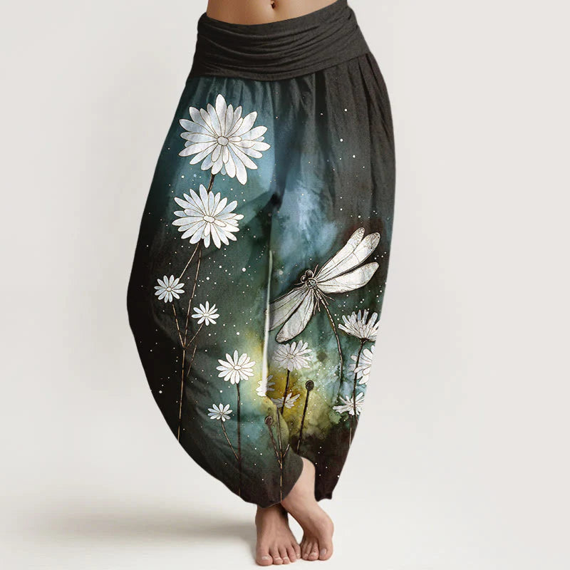 Buddha Stones Cotton Dreamy Daisy Dragonfly Pattern Women's Elastic Waist Harem Pants