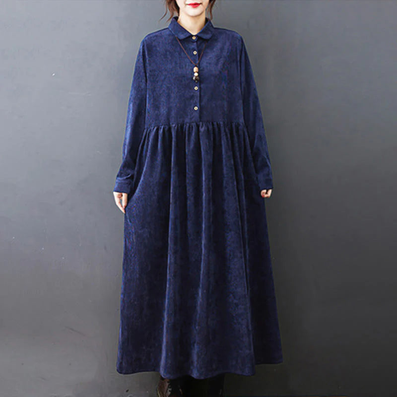 Buddha Stones Fall Buttons Design Long Sleeve Cotton Corduroy Midi Dress With Pockets