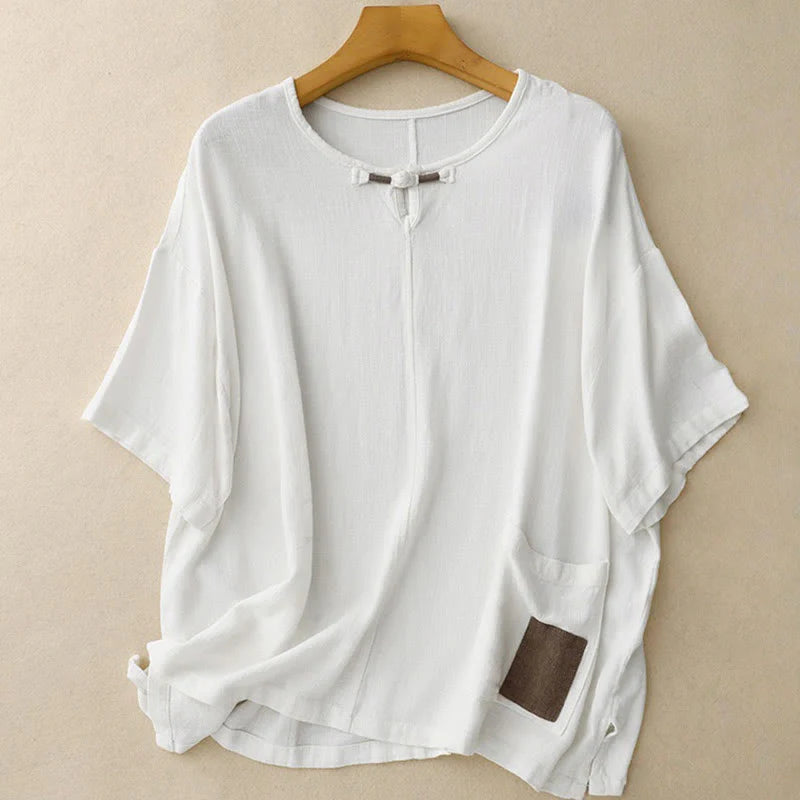 Buddha Stones Colorblock Side Slit  Frog-Button Cotton Linen Half Sleeve Women's Shirt With Pockets