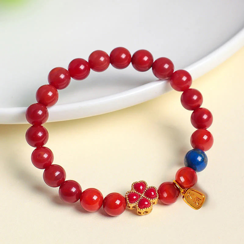 Buddha Stones Four Leaf Clover Flower Gourd South Red Agate White Agate Positive Beaded Bracelet