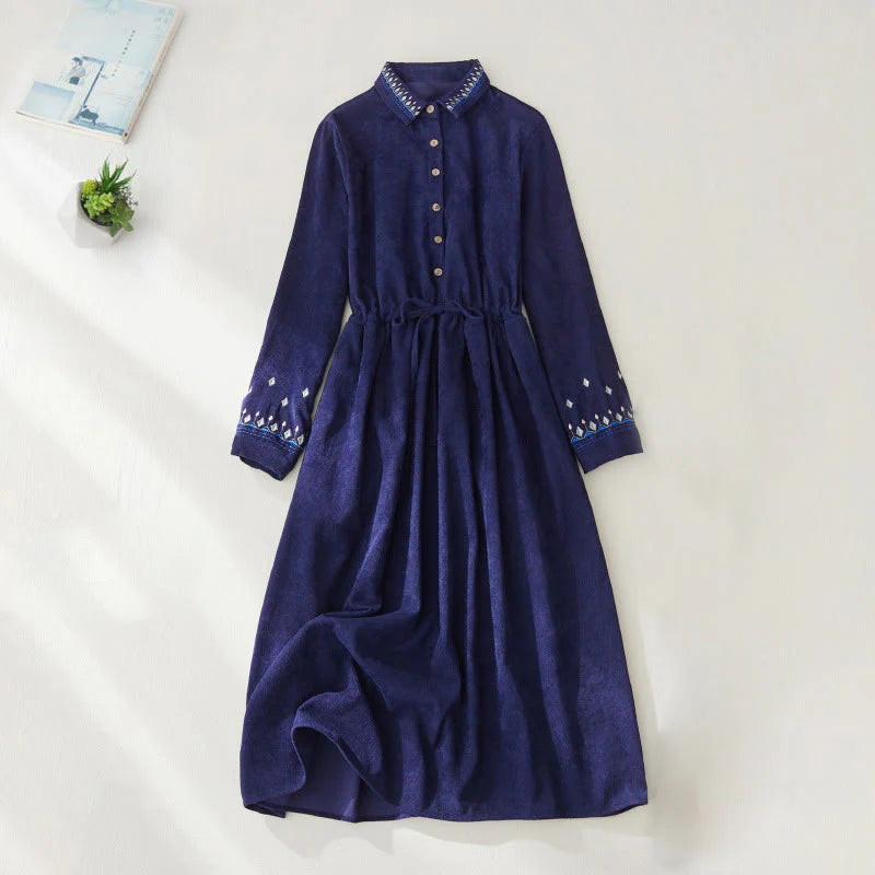 Buddha Stones Embroidered Floral Pattern Lace-up Design Long Sleeve Midi Dress With Pockets