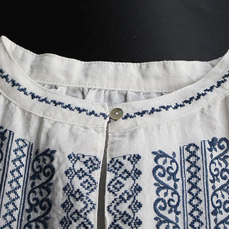 Buddha Stones Ethnic Embroidery Bohemian Pattern Long Sleeve Crew Neck Women's Shirt