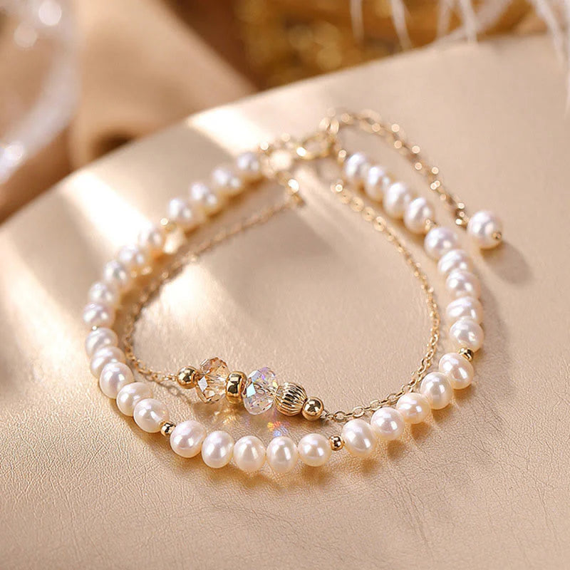 Buddha Stones 925 Sterling Silver Plated 14k Gold Natural Pearl Crystal Healing Double Layer Bracelet