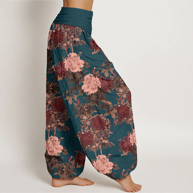 Buddha Stones Cotton Casual Lush Peony Flowers Leaf Pattern Women's Elastic Waist Harem Pants