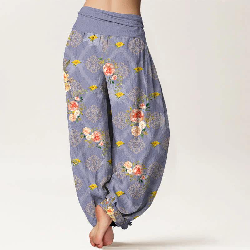 Buddha Stones Cotton Rose Geometric Colorful Flower Pattern Women's Elastic Waist Harem Pants