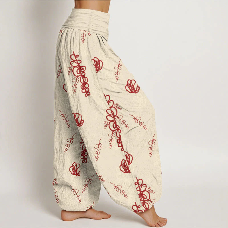 Buddha Stones Print Hand-painted Flowers Branches Pattern Women's Elastic Waist Harem Cotton Pants