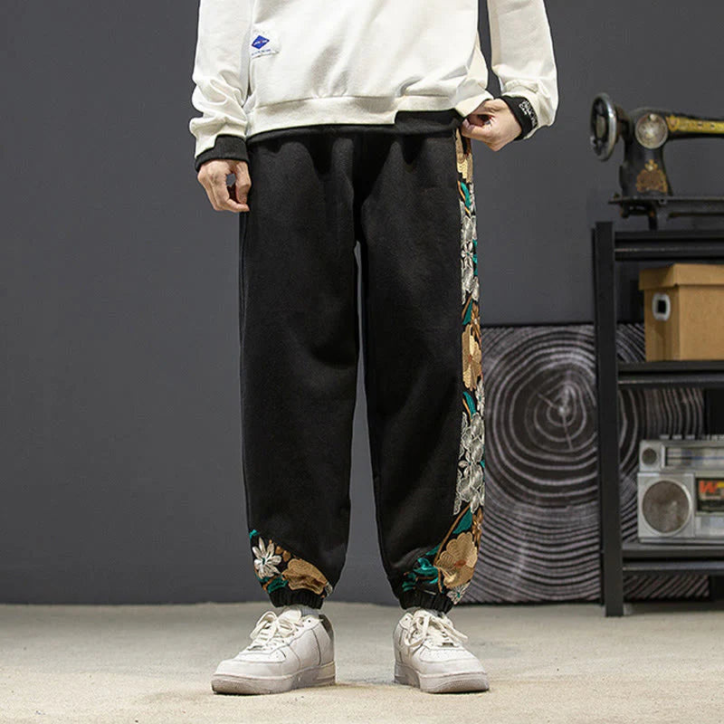 Buddha Stones Spring Men's Embroidered Flower Pattern Patchwork Cotton Pants With Pockets