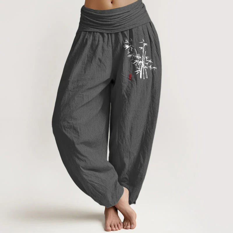 Buddha Stones Casual Bamboo Leaves Pattern Women's Elastic Waist Harem Cotton Pants
