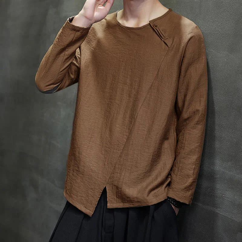 Buddha Stones Solid Color Loose Long Sleeve Round Neck Men's Shirts