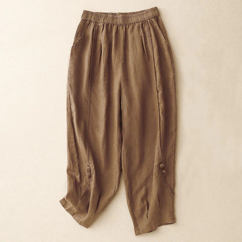 Buddha Stones Summer Frog-Button Lace High Waist Women's Cotton Linen Pants With Pockets