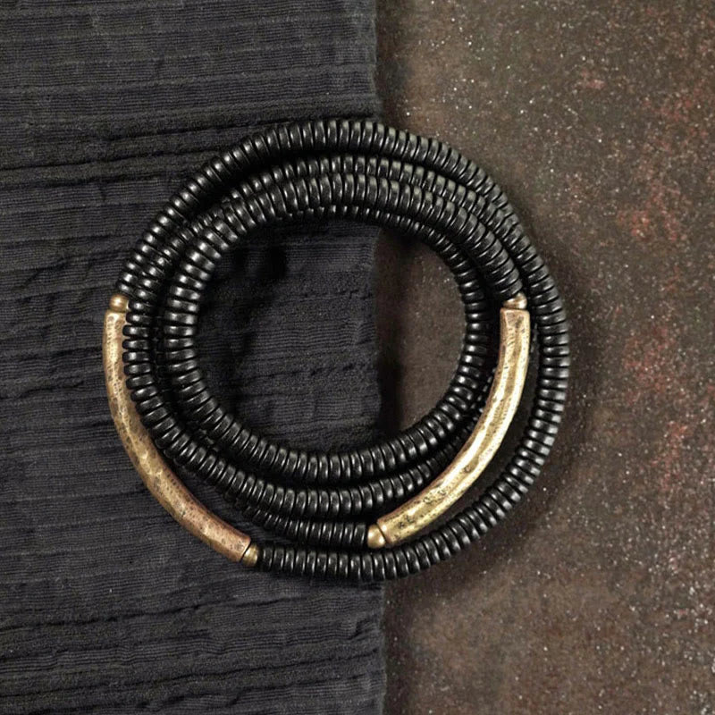 Buddha Stones Ebony Wood Brass Copper Balance Multilayered Bracelet