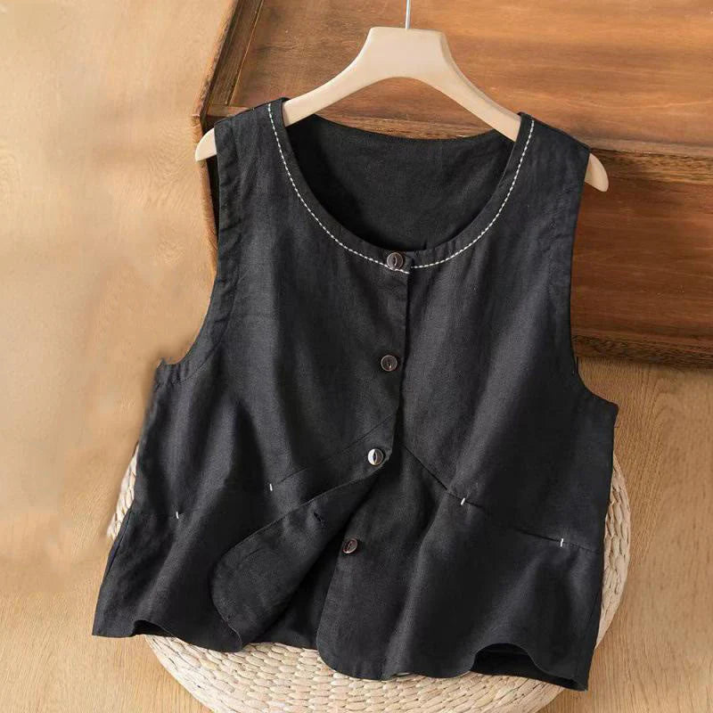 Buddha Stones Single Breasted Sleeveless Design Cotton Linen Women's Vest WIth Pockets