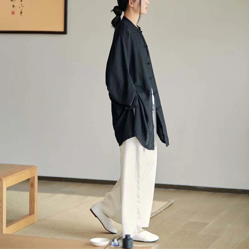 Buddha Stones Plain Frog-Button Design Shirt Zen Tai Chi Meditation Top Clothing Cotton Linen Jacket