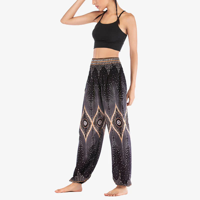 Buddha Stones Small Eye Peacock Feathers Pattern Loose Smocked Harem Trousers High Waist Women's Yoga Pants