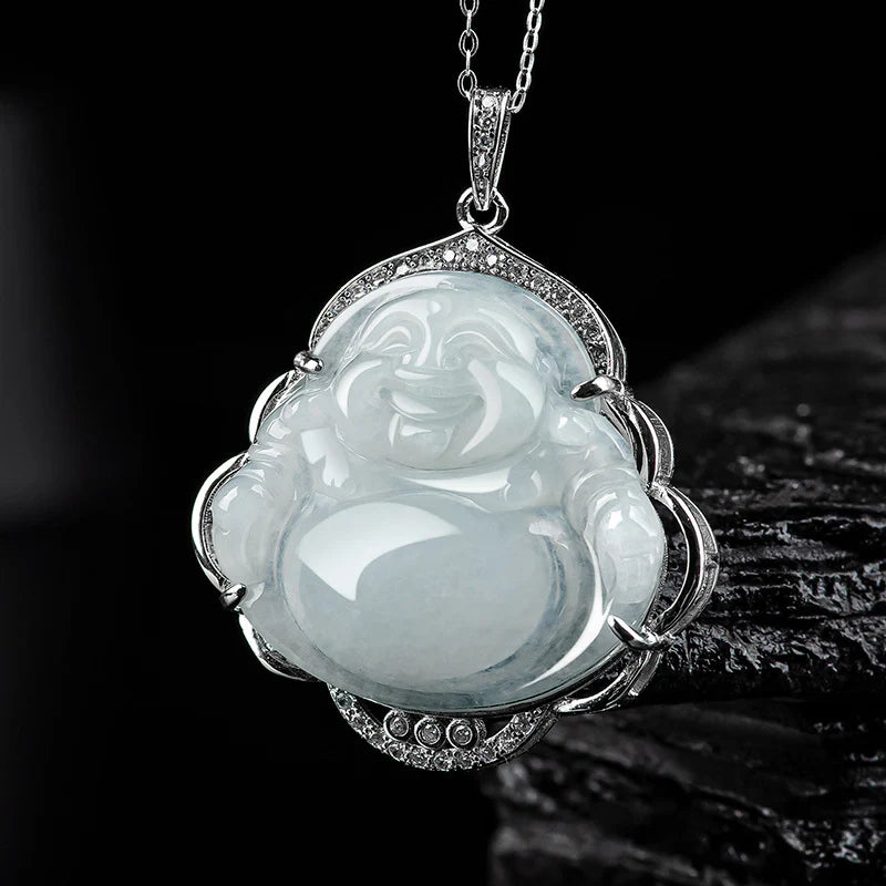 Buddha Stones Laughing Buddha Natural Jade Abundance Titanium Steel Chain Necklace Pendant