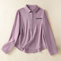Buddha Stones Women's Spring Retro Plain Simple Embroidery Design Long Sleeve Cotton Shirt With Pocket