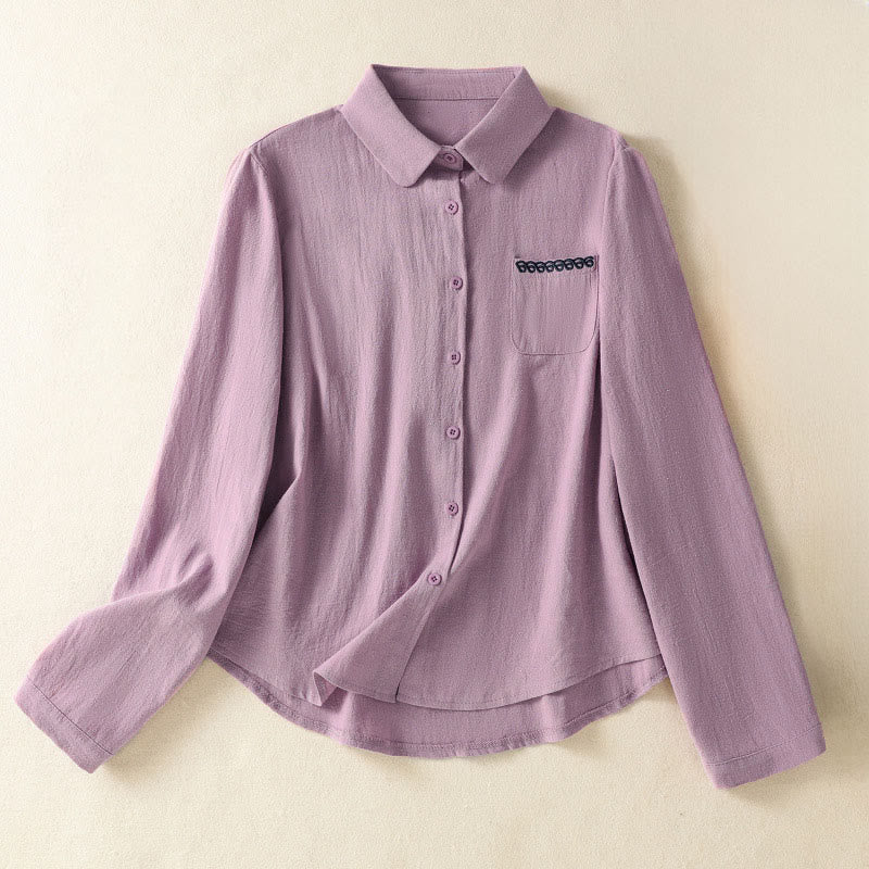 Buddha Stones Women's Spring Retro Plain Simple Embroidery Design Long Sleeve Cotton Shirt With Pocket