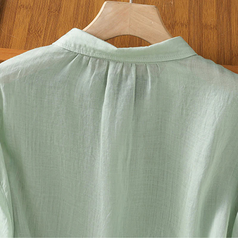 Buddha Stones Casual Plant Embroidery Stand Collar Women's Cotton Blend Three Quarter Sleeve Shirt