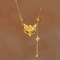 Buddha Stone 24k Gold Plated Brass Fox Flower Design Tassel Pendant Necklace