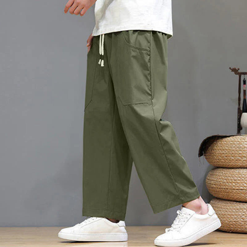 Buddha Stones Summer Solid Color Drawstring Straight Leg 7-8 Length Men's Pants With Pockets