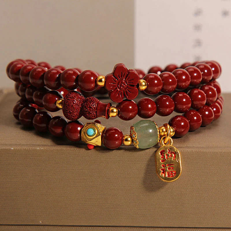 Buddha Stones Cinnabar Fu Character Flower Gourd Triple Wrap Blessing Bracelet