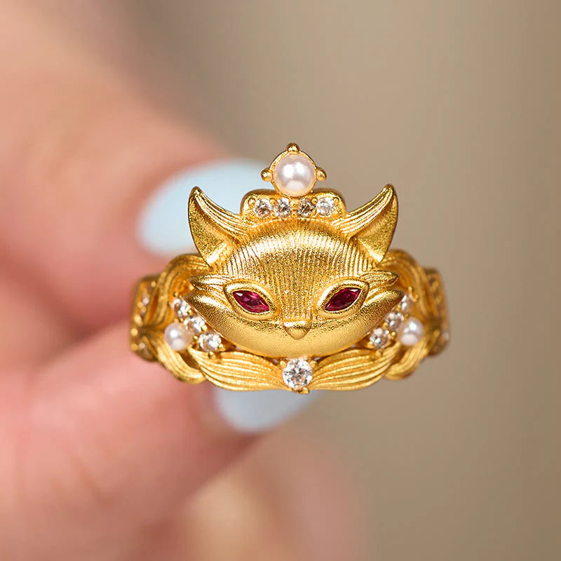Buddha Stones Fox Head Design 24k Gold Plated Brass Adjustable Ring
