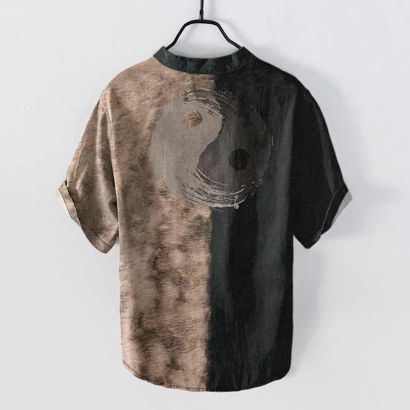 Buddha Stones Cotton Two Tone Taiji Ink Print Men's Short Sleeve Half Button Shirt