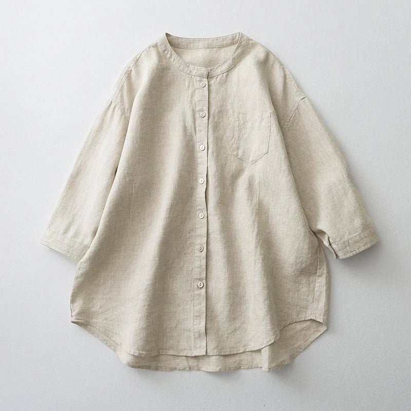 Buddha Stones Solid Color Button Three Quarter Sleeve Shirt
