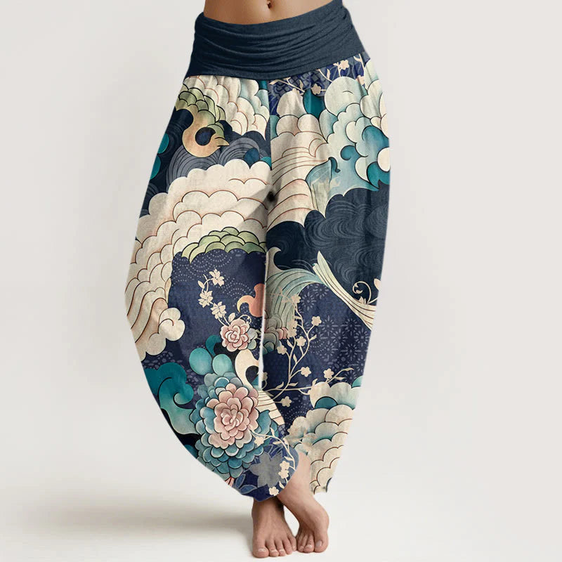 Buddha Stones Cotton Flower Wave Pattern Women's Elastic Waist Harem Pants