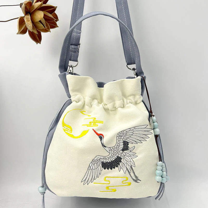 Buddha Stones Embroidered Butterfly Lotus Magnolia Cotton Linen Tote Crossbody Bag Shoulder Bag Handbag