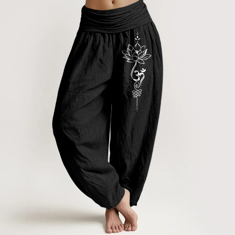 Buddha Stones Pure Cotton Minimalist Style Lotus Om Symbol Pattern Women's Elastic Waist Harem Pants