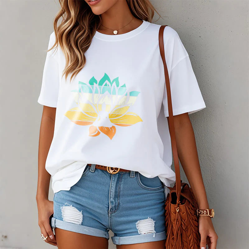 Buddha Stones Gradient-colored Lotus Flower Buddha Meditation Cotton Tee T-shirt